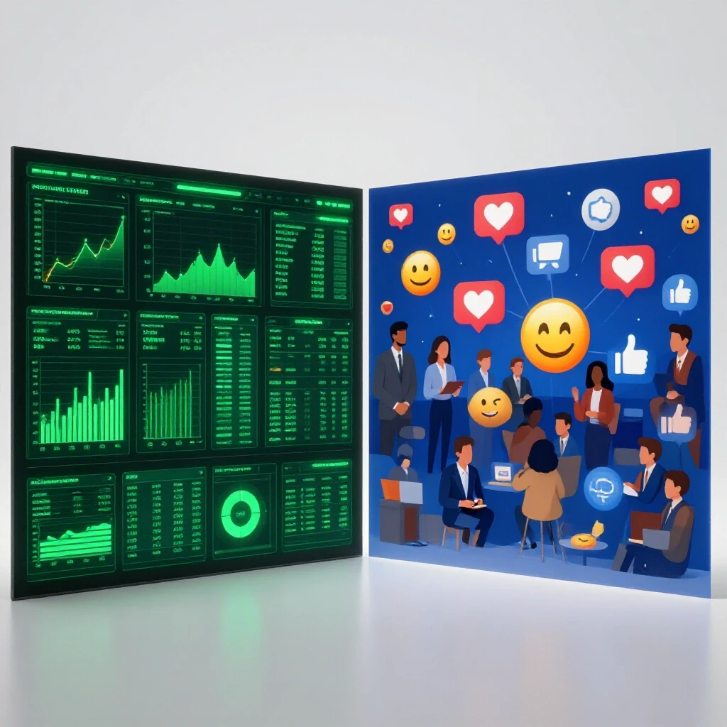 A split-image showing a vibrant analytics dashboard and a thriving social media engagement scene to illustrate ROI tracking.