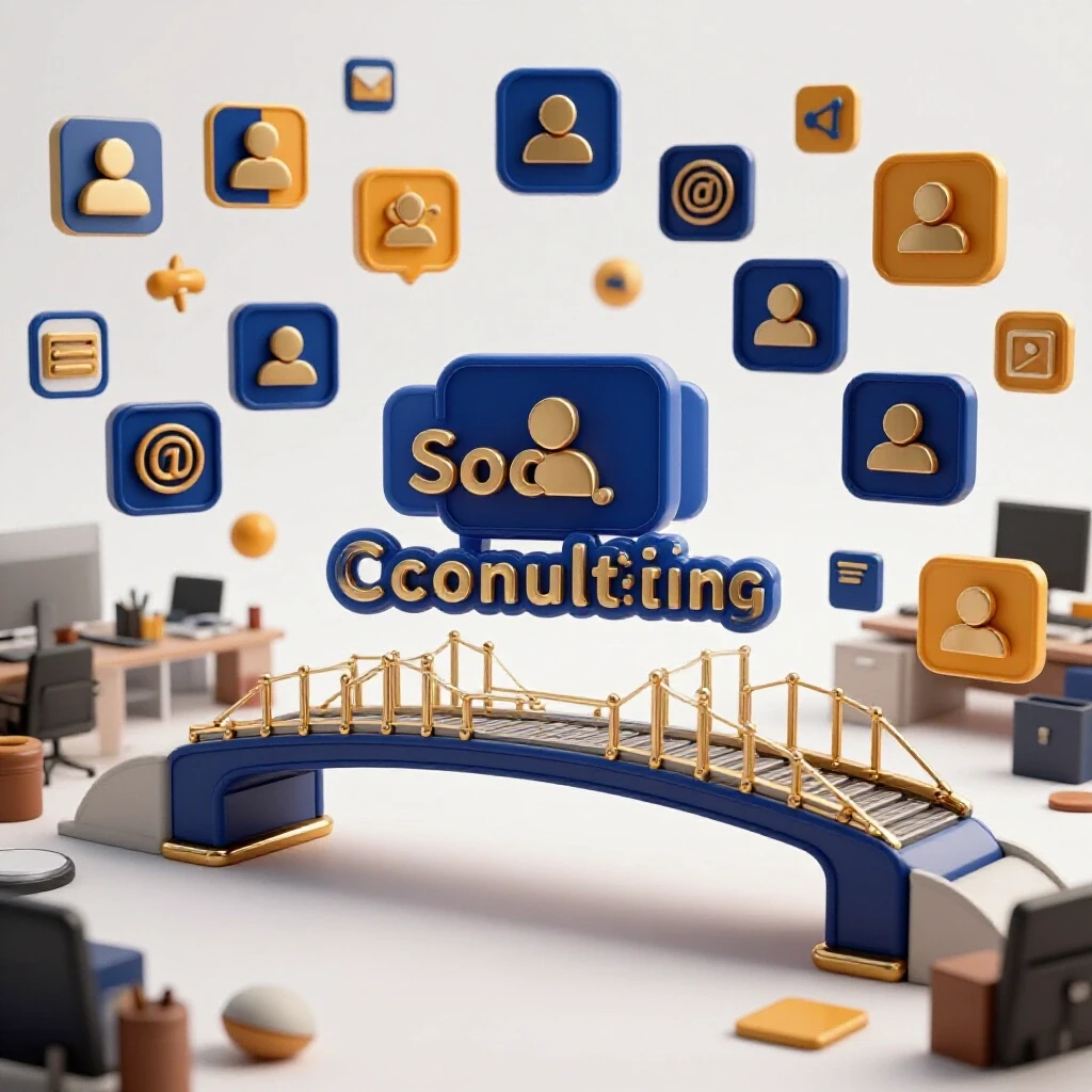 A vibrant 3D representation of a bridge leading from a dark office to a bright world of social media icons, symbolizing career transition.