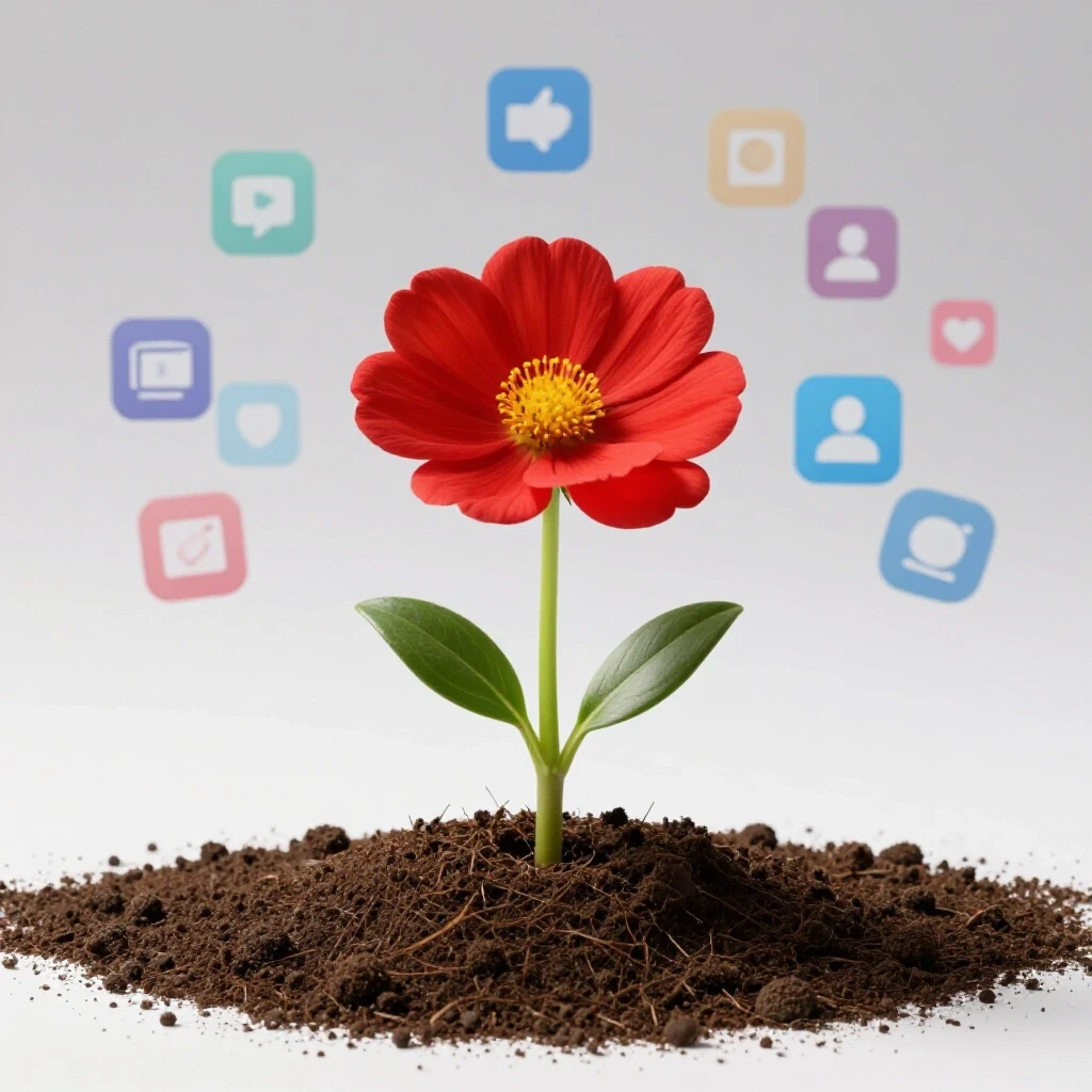 A vibrant blooming flower emerging from a seed, symbolizing growth, set against a light background with subtle social media icons.