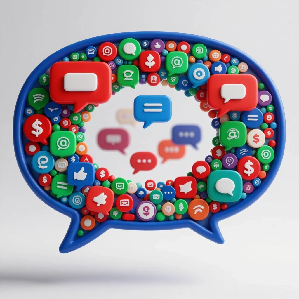 A vibrant 3D speech bubble filled with colorful social media icons, symbolizing quality online conversations.