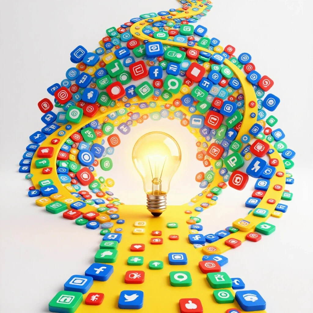 A vibrant pathway of social media icons leading to a glowing lightbulb, symbolizing content transformation into leads.