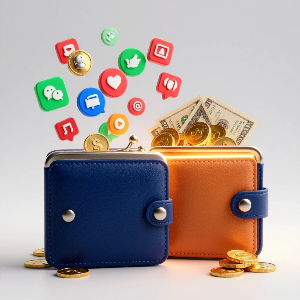 A visual representation of social media engagement transforming into revenue, featuring a wallet with social media icons and overflowing cash.