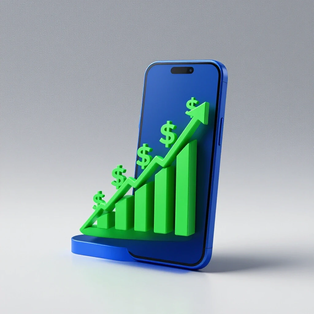 3D-rendered smartphone with a vibrant growth chart and dollar signs representing social media leads turning into revenue.