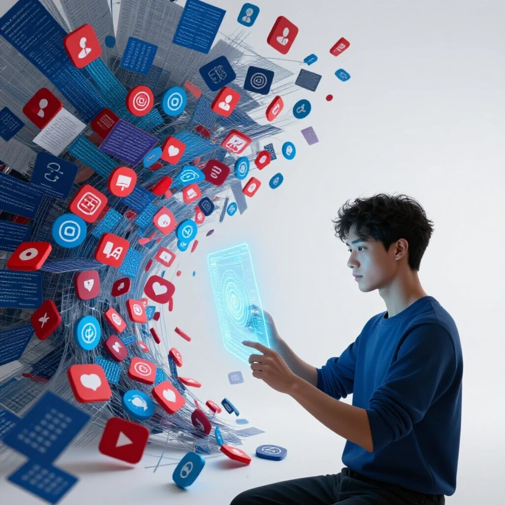 A split image depicting chaotic social media icons on one side and a calm individual using AI on the other side, illustrating control and clarity.