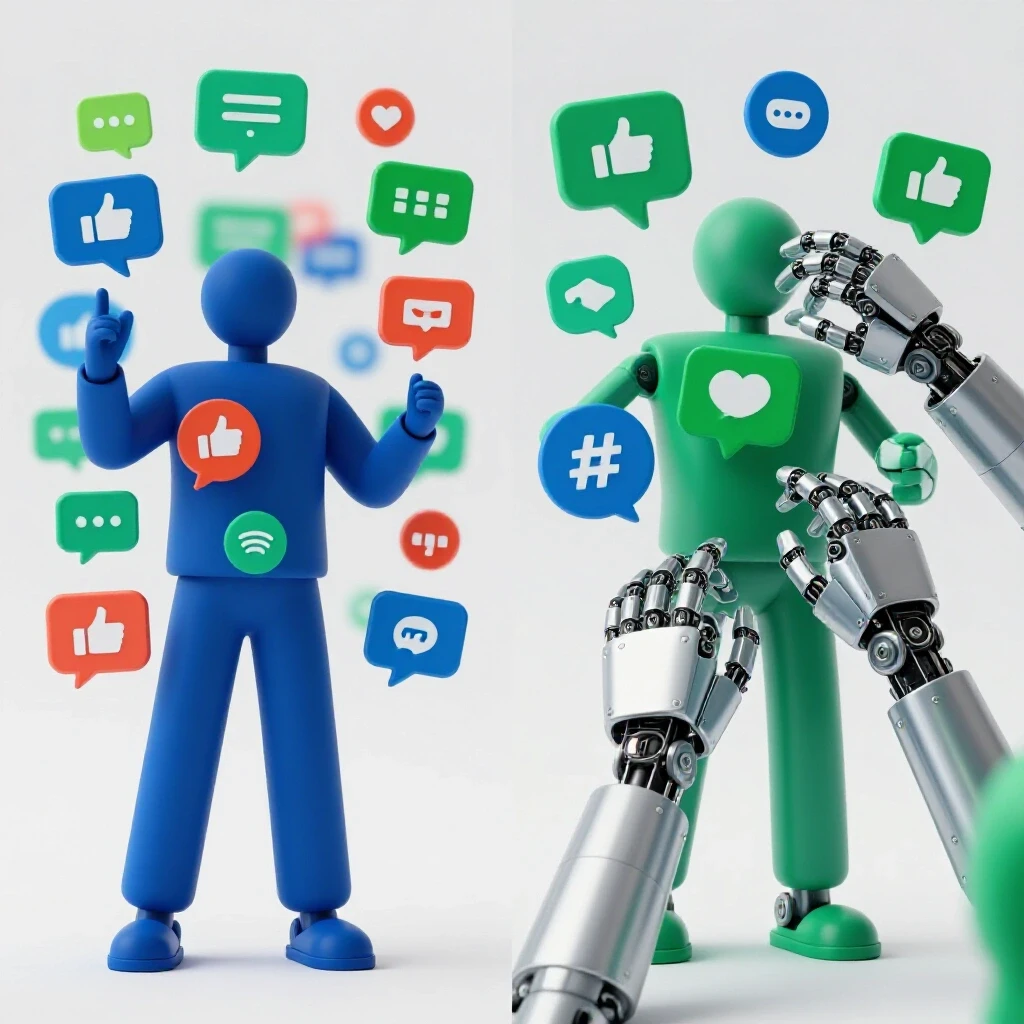 Split image showing vibrant human-like figure engaging with social media on one side and robotic hands on the other side.