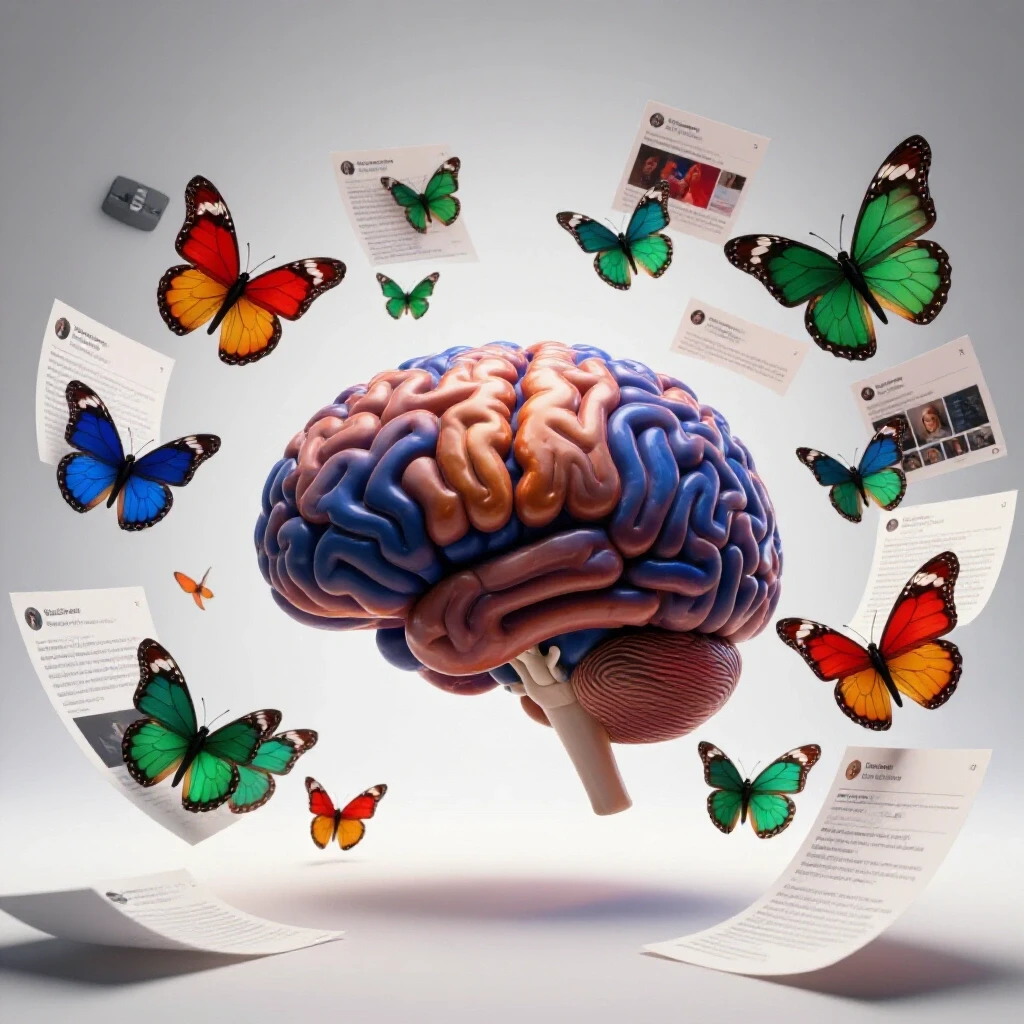 A vibrant AI brain surrounded by colorful, dynamic drafts of social media posts in a bright studio environment.