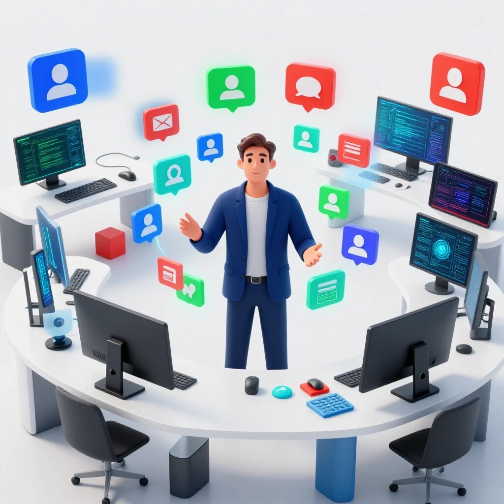 A futuristic workspace showcasing various AI tools and holographic social media icons, emphasizing innovation in marketing.