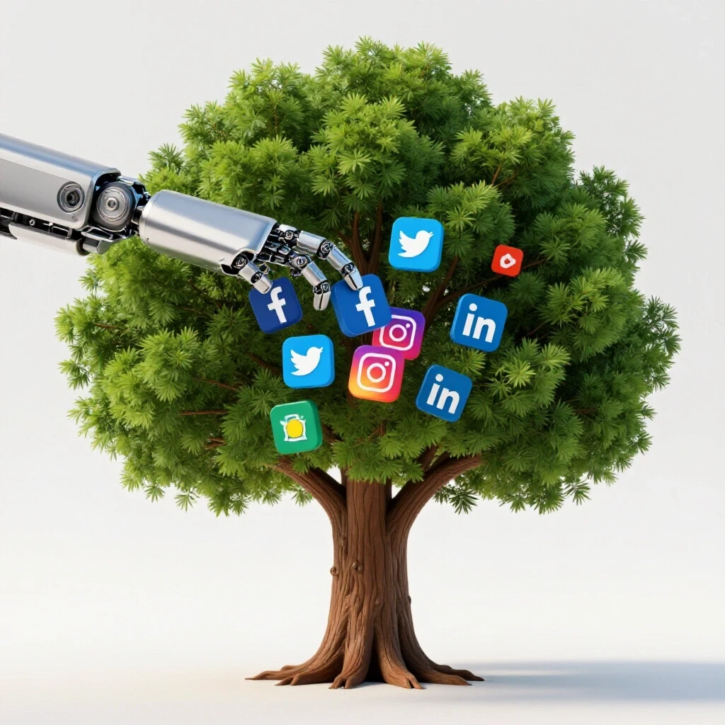 3D representation of a robotic arm placing colorful social media icons into a growing tree symbolizing automated social media growth.