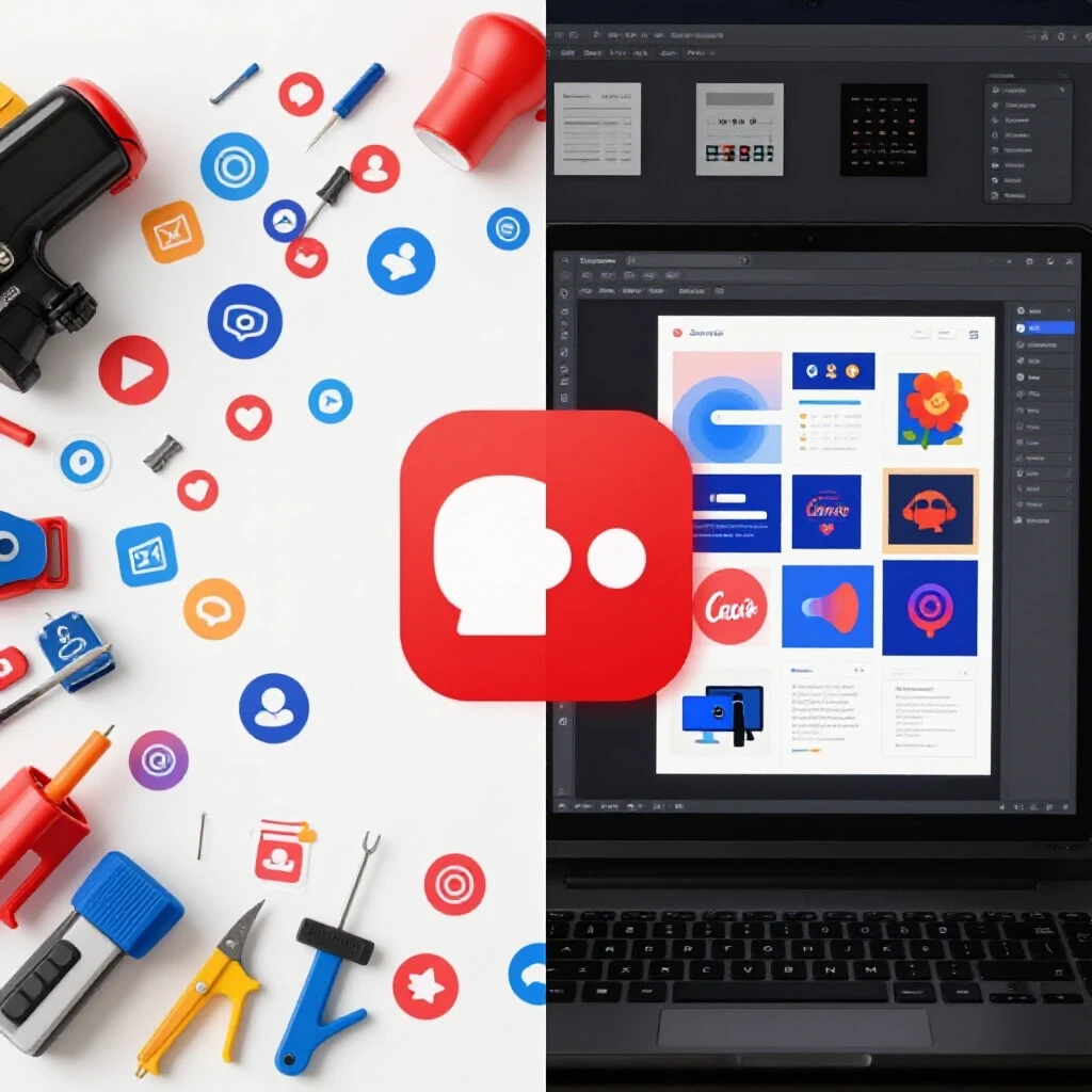 A split-screen image contrasting a chaotic workspace of social media tools on one side and an organized Canva design interface on the other side.