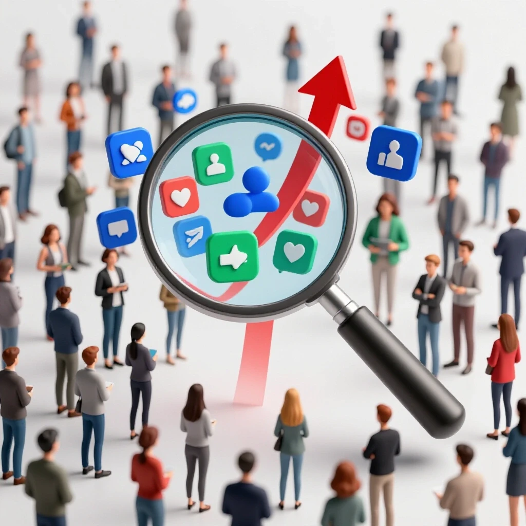 A magnifying glass over bright social media icons and an upward arrow symbolizes growth from customer insights.