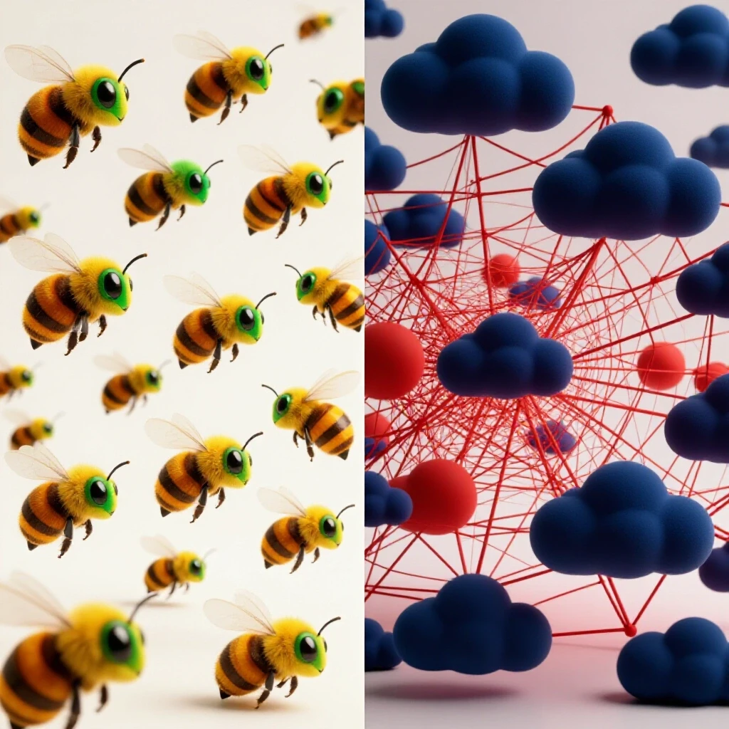 A split image showing a vibrant social media ecosystem with buzzing bees on one side and dark clouds symbolizing issues on the other side.