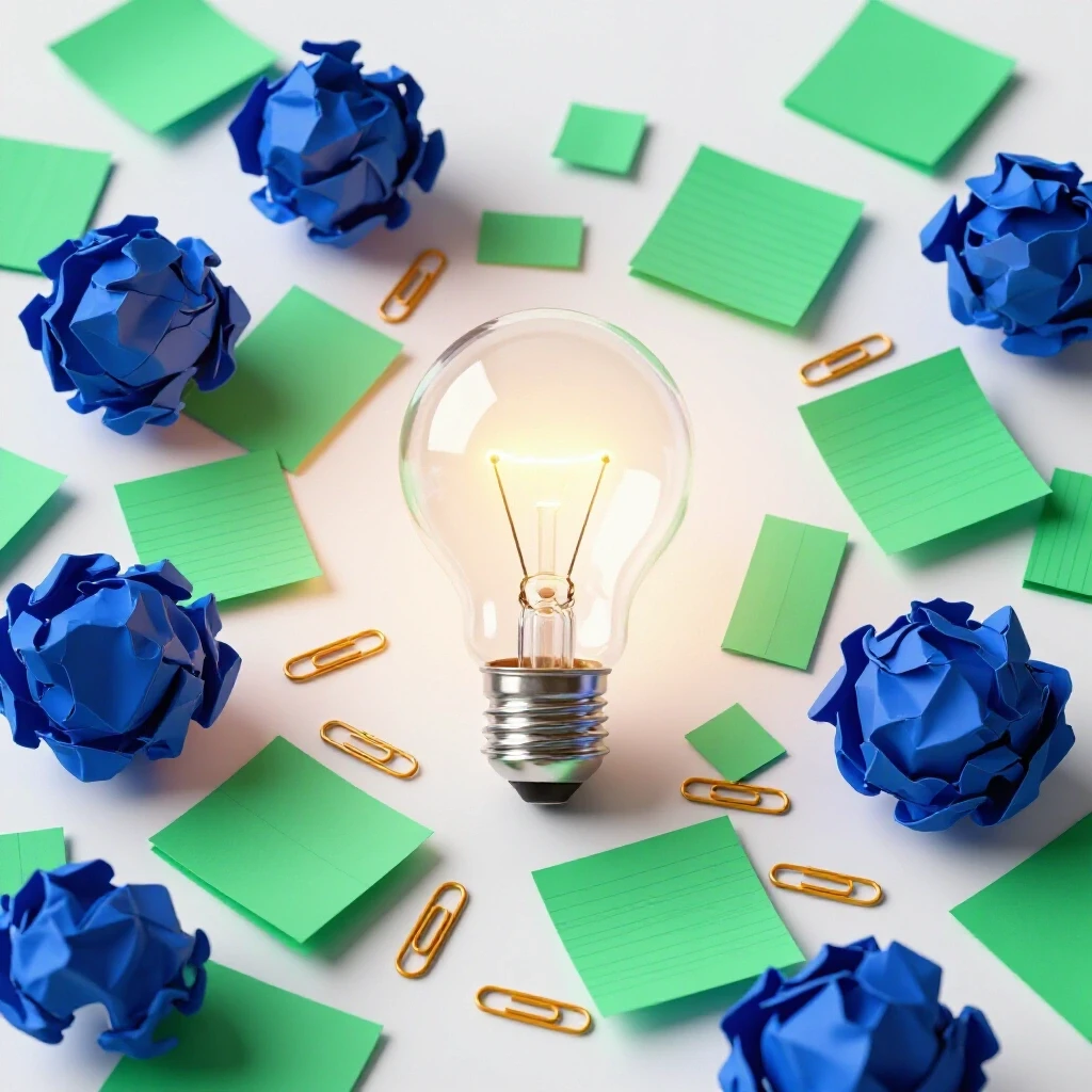 A vibrant cluttered desk scene with a glowing light bulb surrounded by crumpled papers and organized notes, symbolizing creativity.