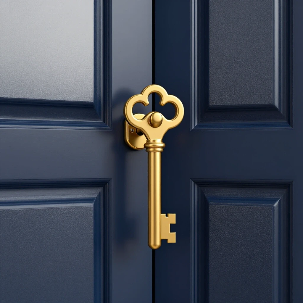 A gold key unlocking a deep navy door in a bright studio setting, symbolizing access to insights for decision-makers.
