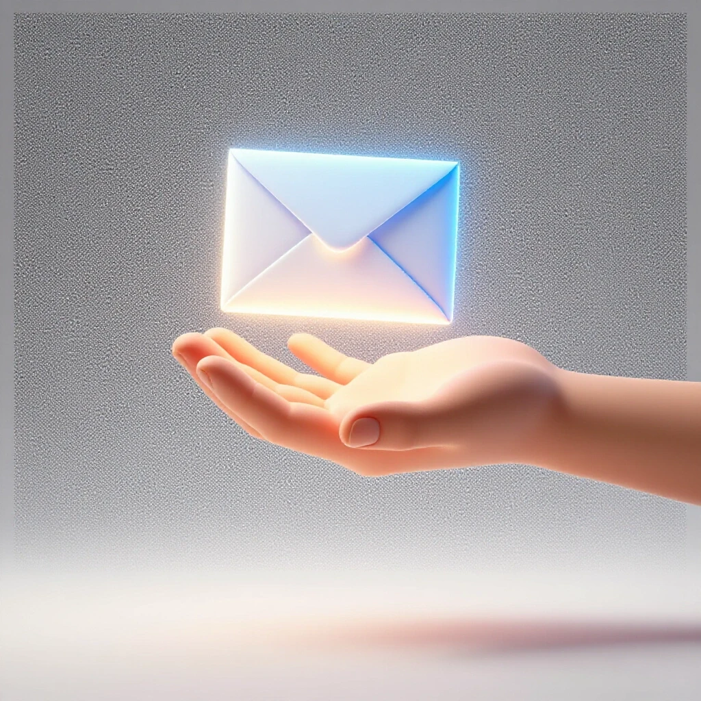 A hand reaching towards a glowing envelope symbolizing communication and connection in a bright studio setting.