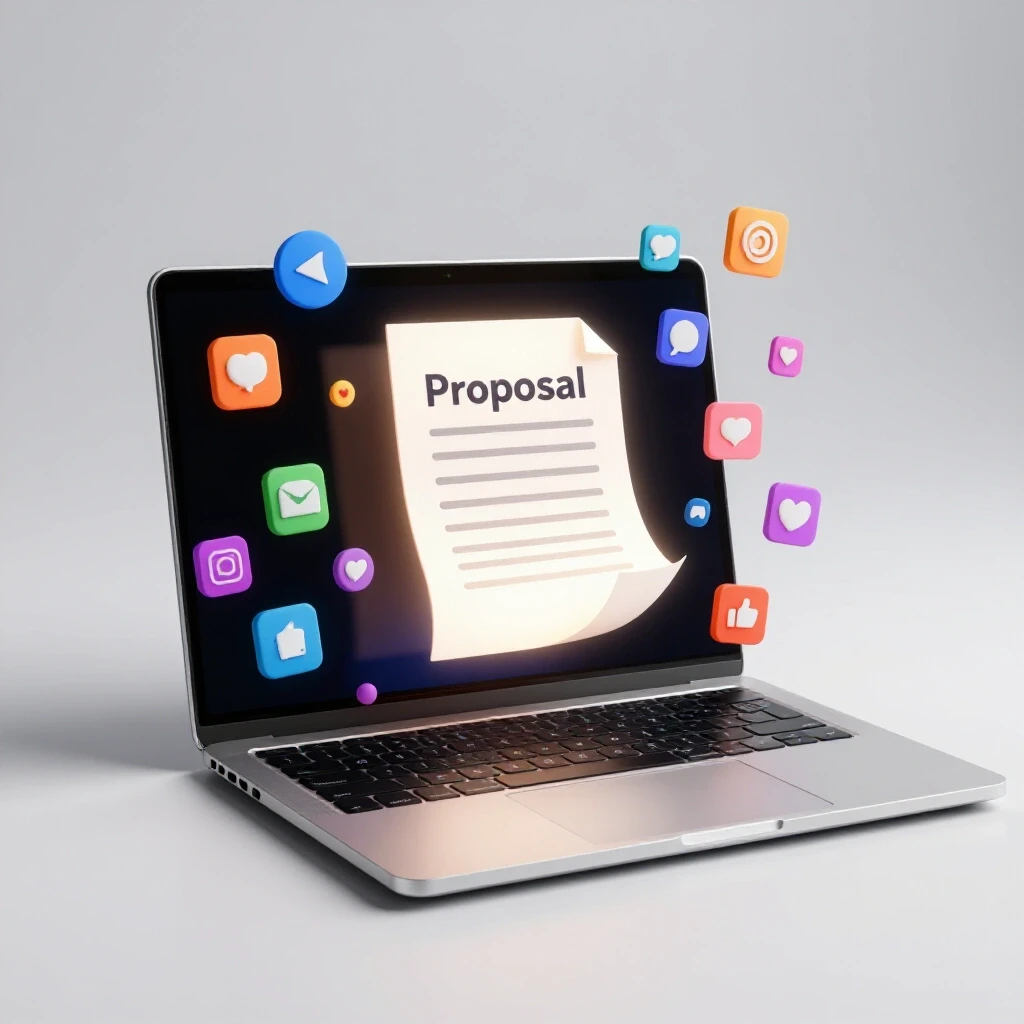 An open laptop with a glowing proposal document and floating social media icons represents social media marketing success.