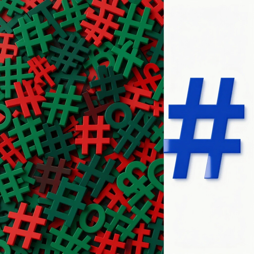 A split-image showing vibrant chaotic hashtags on one side and a clean minimalist hashtag on the other, illustrating social media strategies.