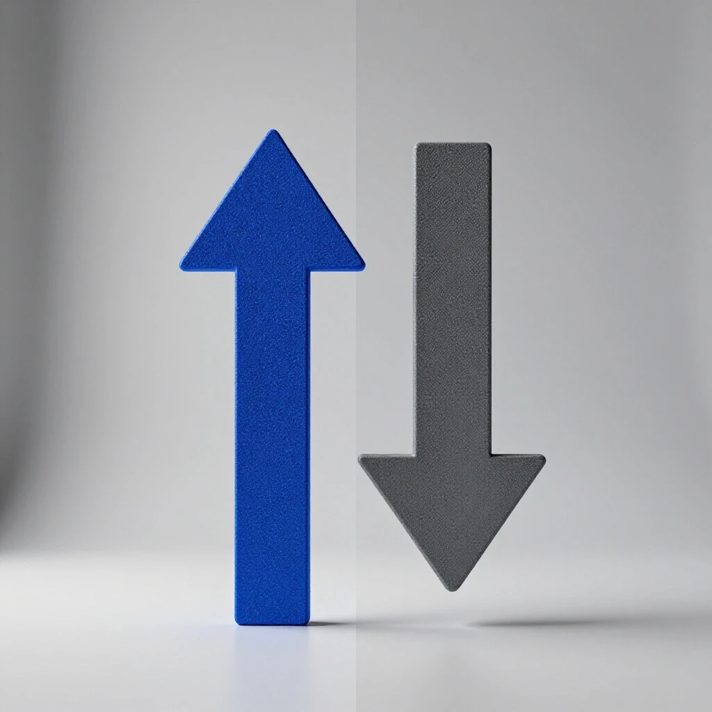 A vibrant upward arrow and a faded downward arrow illustrating the impact of call to action choices in social media marketing.