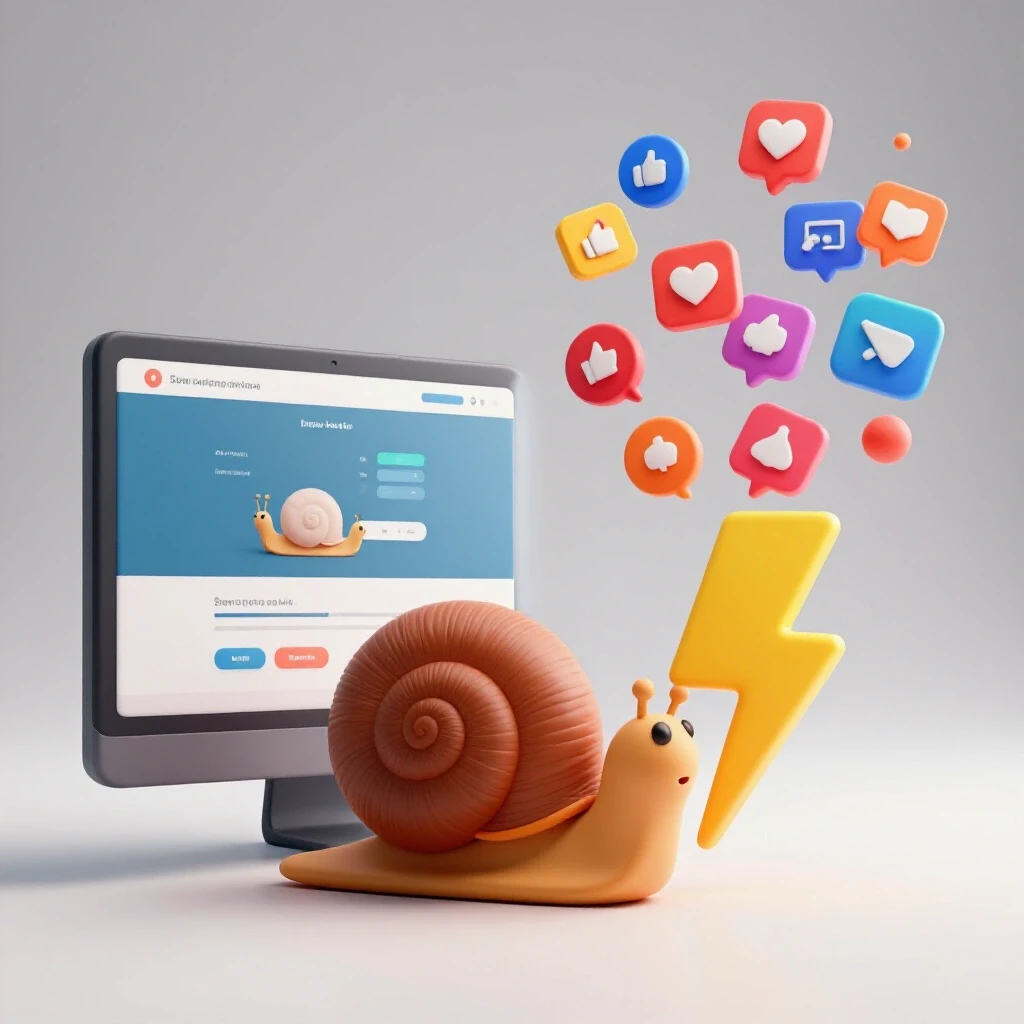 A split-screen design showing a snail for slow website performance on one side and a lightning bolt with social media icons for fast performance on the other.