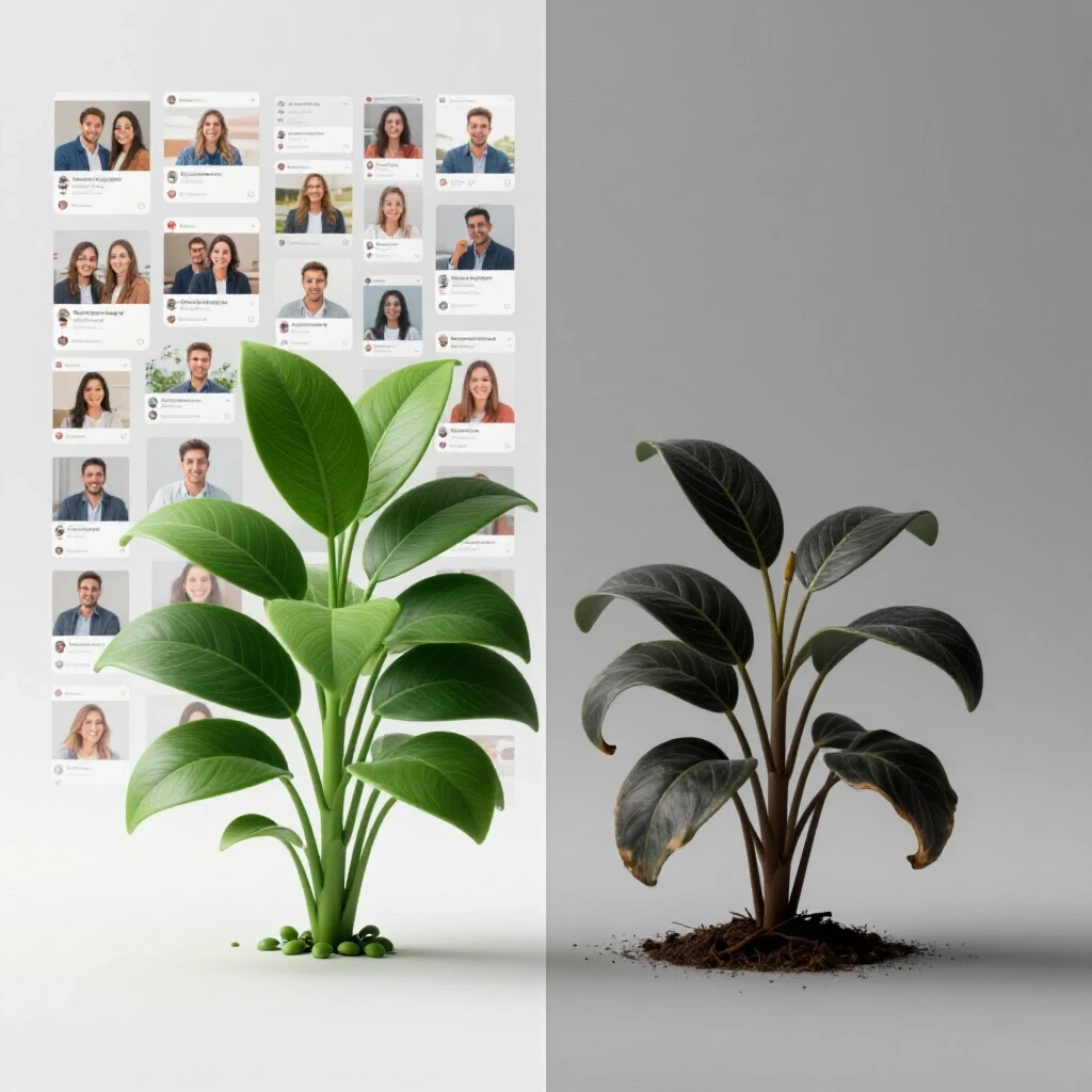 A split-image showing a thriving plant representing high engagement beside a wilting plant symbolizing low engagement.