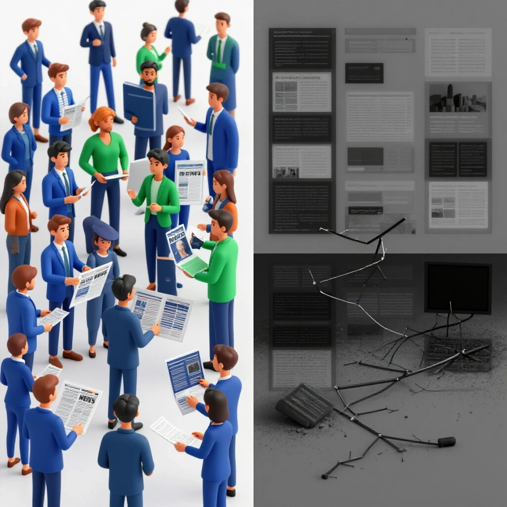 A split-screen image showing an engaged community interacting with news content versus a desolate news platform with broken links.
