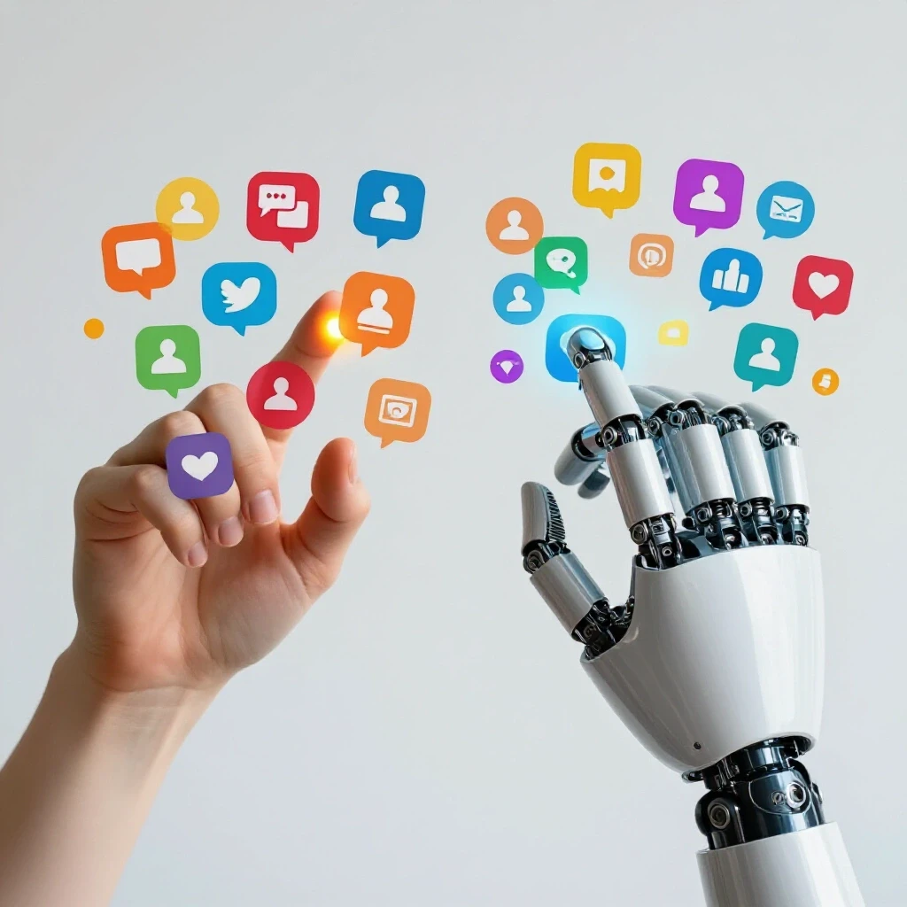A split image showing a human hand handling vibrant social media icons on the left and a robotic hand interacting with cooler toned icons on the right.