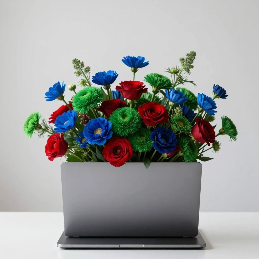 A colorful bouquet of flowers emerges from an open laptop, representing floral creativity and digital engagement.