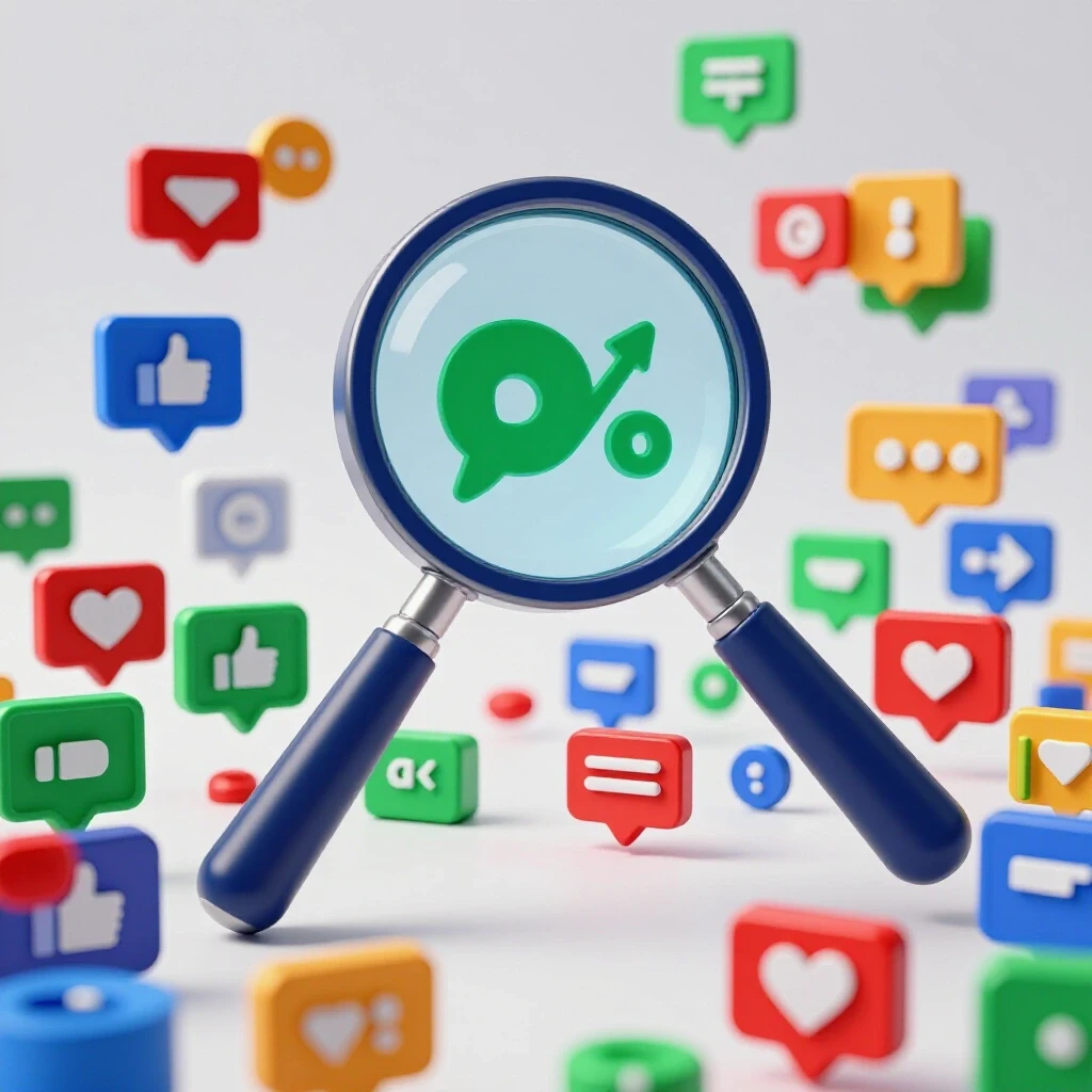 A magnifying glass over a vibrant social media landscape highlighting real and deceptive success symbols.