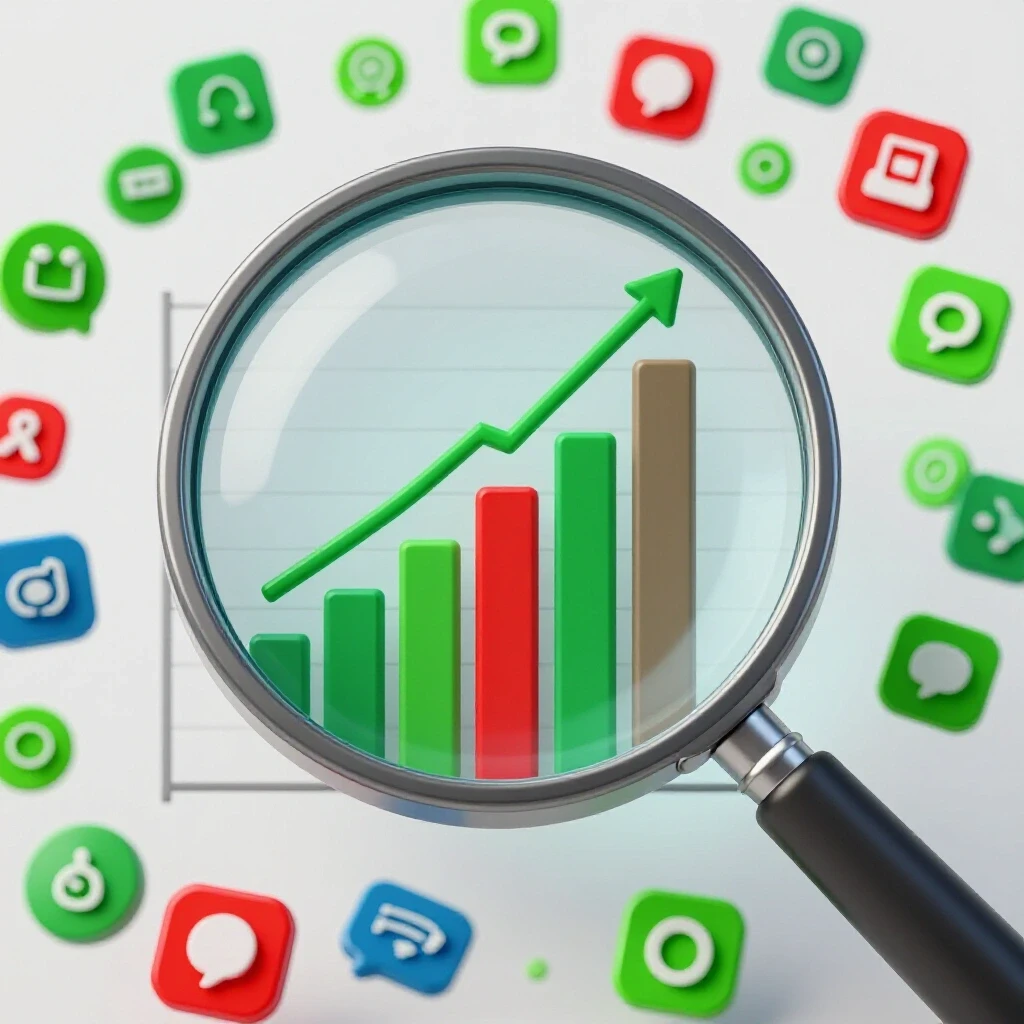 A magnifying glass examining a bar graph with rising bars, one highlighted in red, surrounded by social media icons.