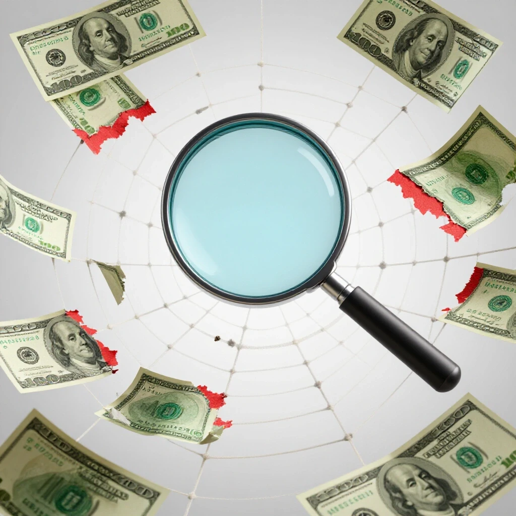 A magnifying glass hovering over a tangled web of dollar bills, highlighting hidden costs in social ads.