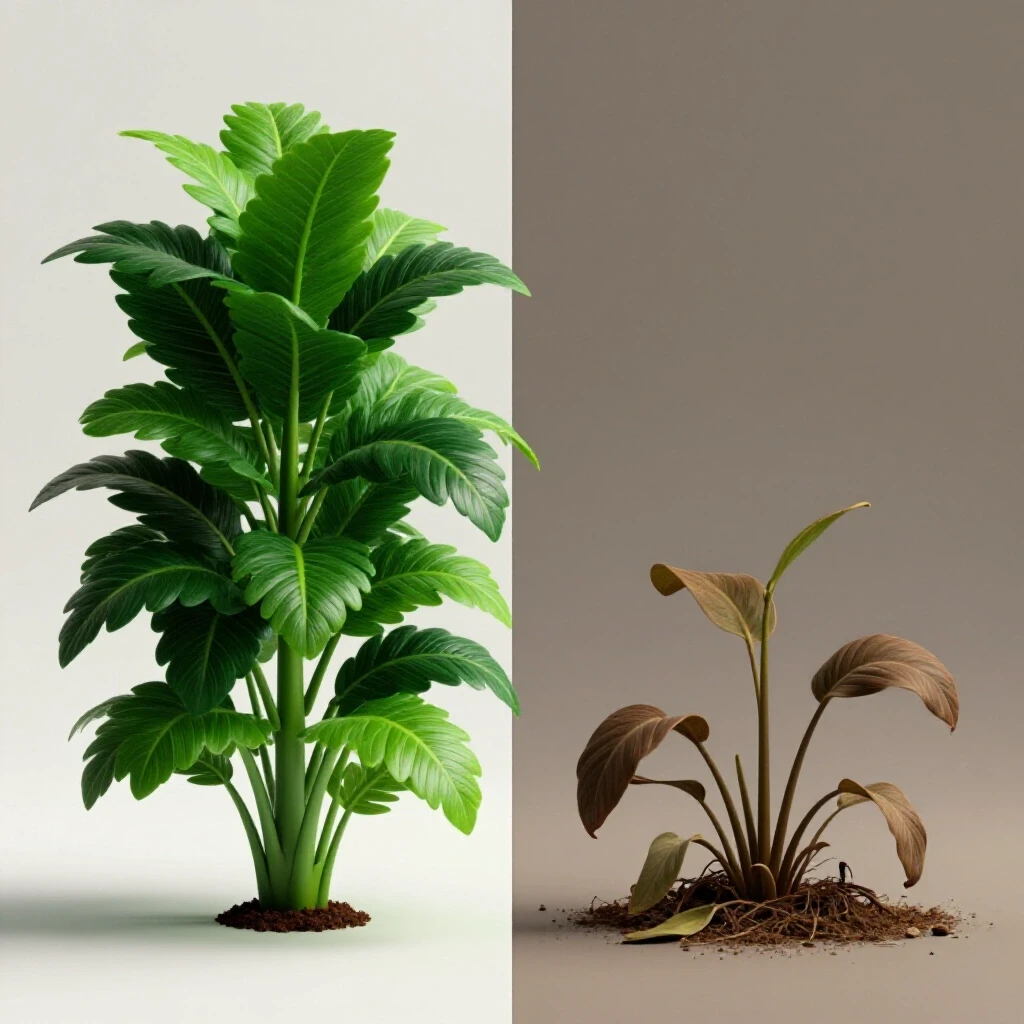 A split image with a vibrant plant on the left symbolizing growth and a wilting plant on the right representing neglect in social media.