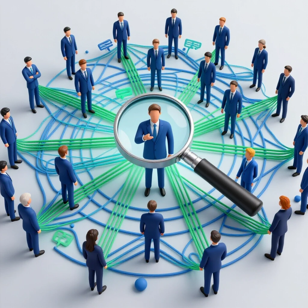 3D visualization of a vibrant communication web with a magnifying glass highlighting focused interaction.