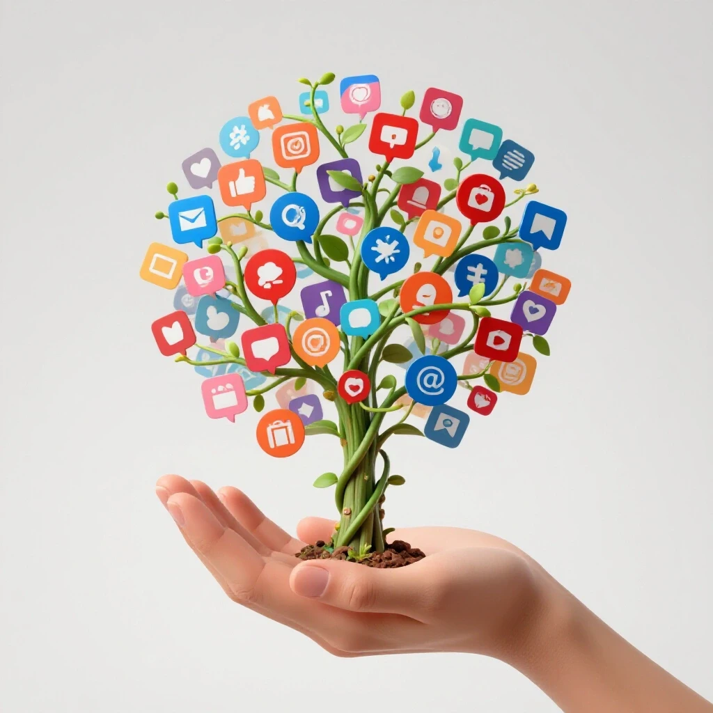 3D-rendered image of a vine of social media icons growing from an open hand, symbolizing growth and client retention.