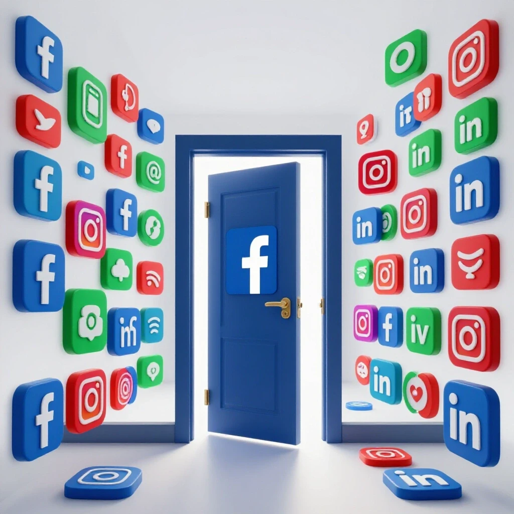 A vibrant 3D illustration of an open door leading to a colorful social media landscape with iconic platform symbols.