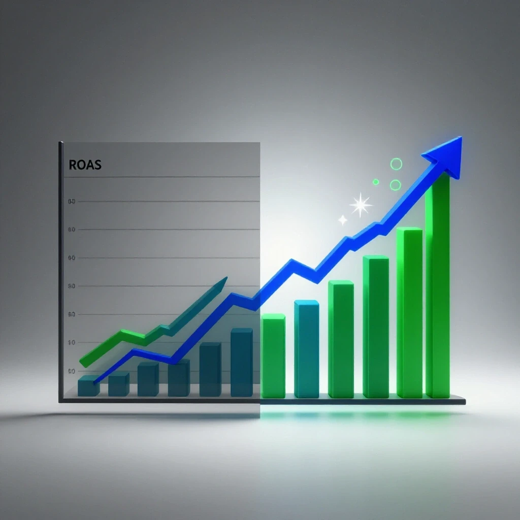 Split-screen image with a dull graph on one side and a vibrant upward-trending graph on the other, showcasing creative impact on ROAS.