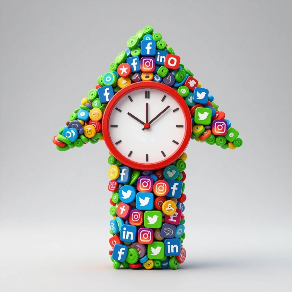 3D rendering of an upward arrow made of colorful social media icons with a clock overlay, symbolizing ad spend efficiency in Q4.