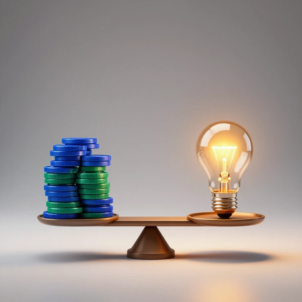 A scale balancing a stack of colorful coins and a glowing light bulb, symbolizing financial gain and innovation.