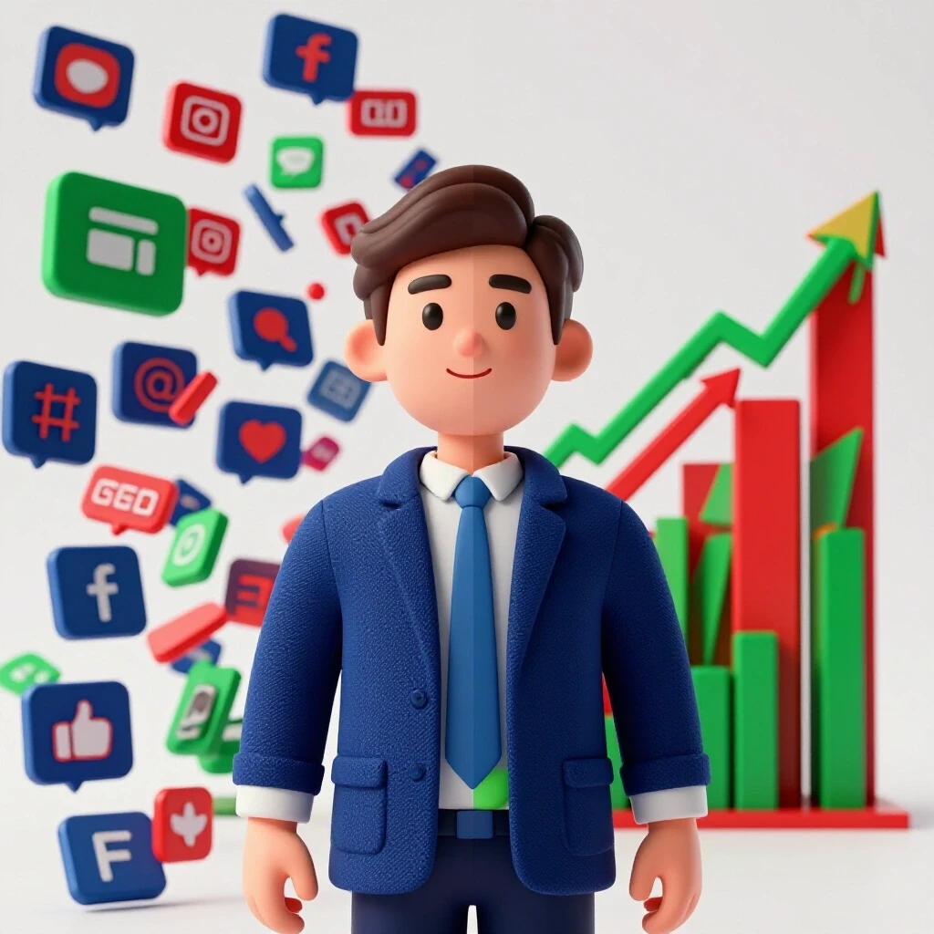 A vivid split-screen illustration contrasting chaotic social media ads with successful ad campaigns showcasing growth metrics.