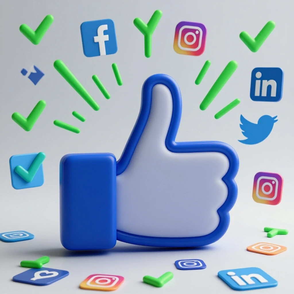 A large thumbs-up icon surrounded by social media logos and checkmarks, representing ad approval success.