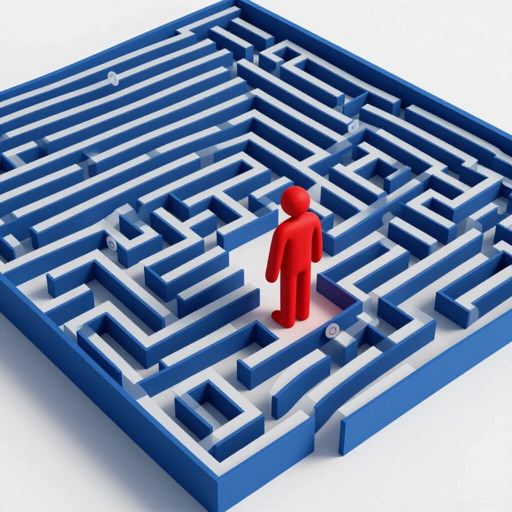 A person navigating a metaphorical maze illustrating social media ad campaign challenges, with social media icons embedded.