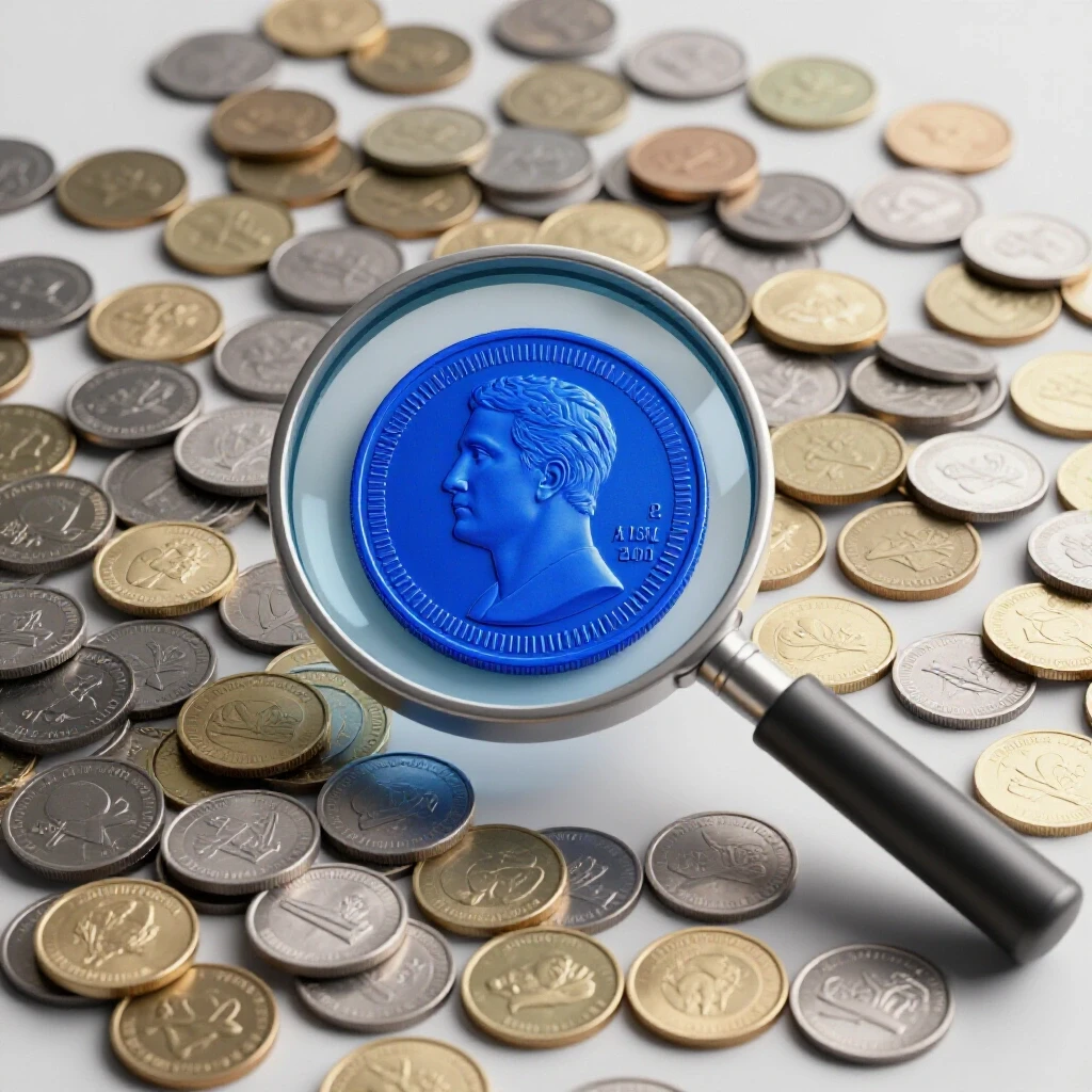 A magnifying glass highlighting a vibrant royal blue coin among dull coins, symbolizing quality in advertising.