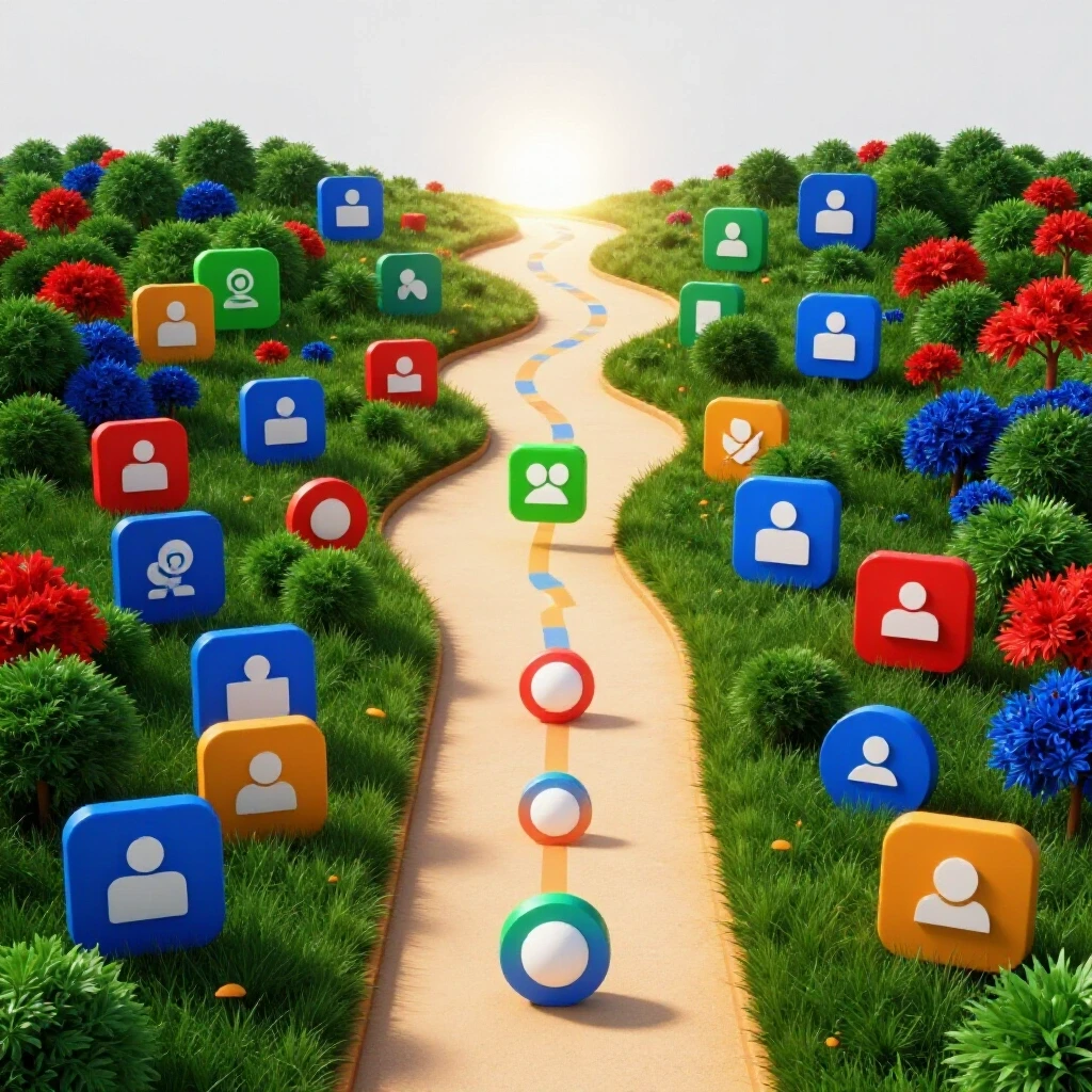 A digital landscape featuring a winding path with social media icons leading to a bright light, symbolizing success.