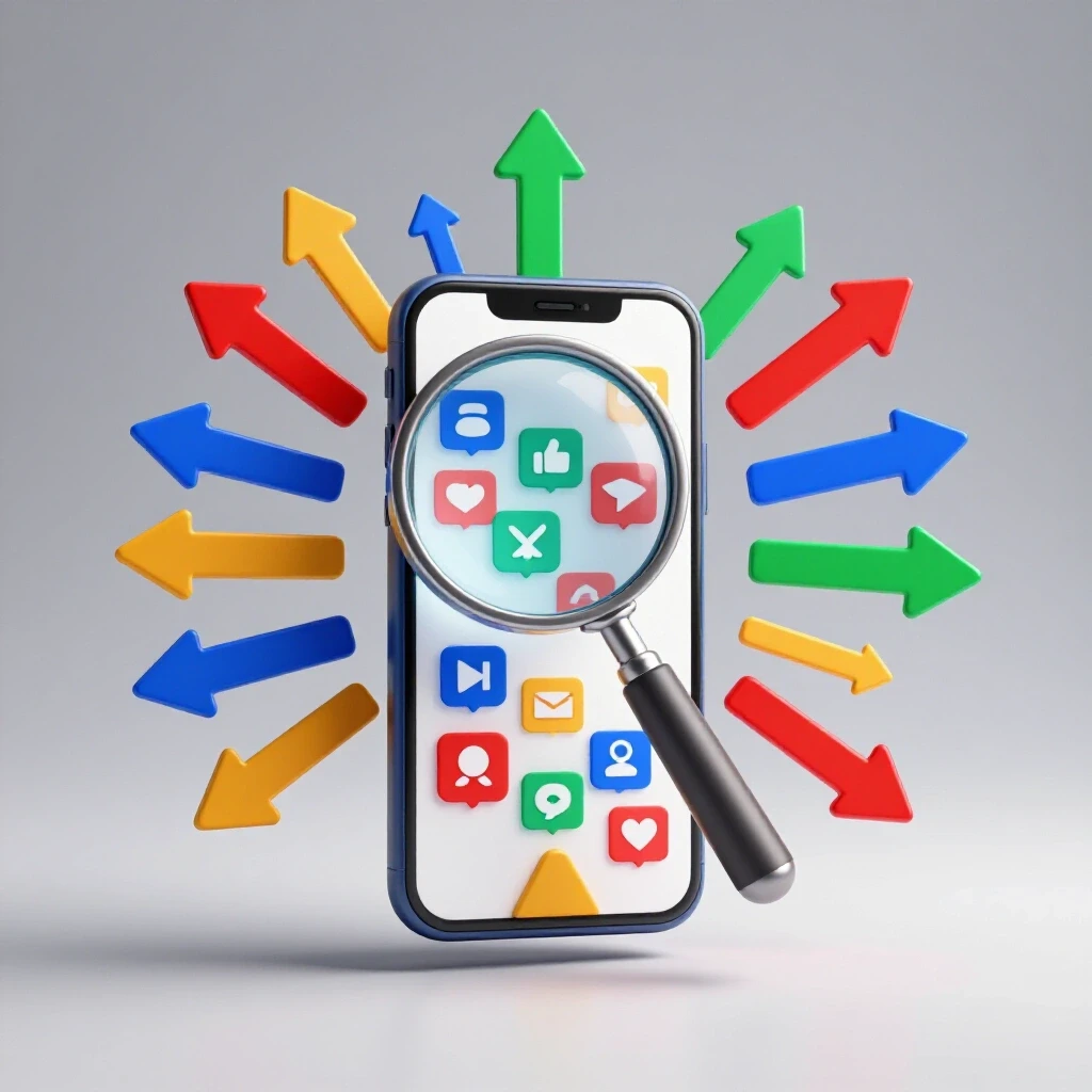 A magnifying glass above a smartphone with social media icons, surrounded by vibrant growth arrows.