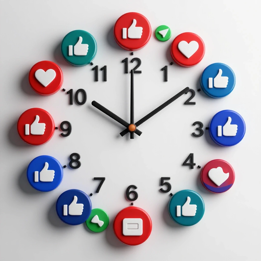 A colorful 3D image of a clock surrounded by vibrant social media icons, illustrating the impact of timing on engagement.