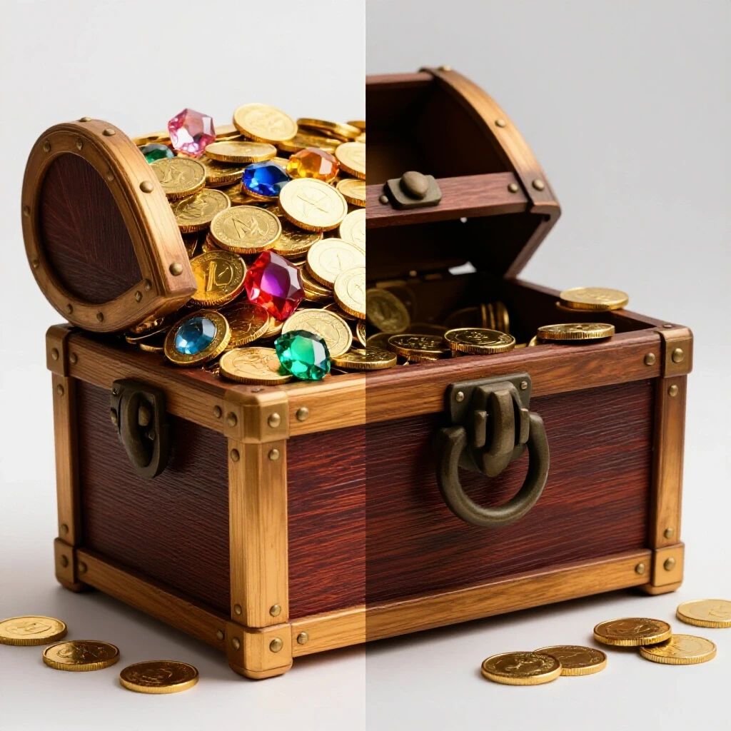 A split-image design featuring a vibrant overflowing treasure chest on one side and a dim, half-empty chest on the other, representing social media potential vs. wasted budget.