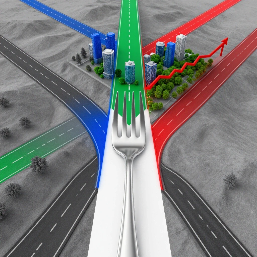 An artistic representation of a fork in the road showing contrasting paths: one dull, the other vibrant and full of opportunities, symbolizing LinkedIn profile growth.