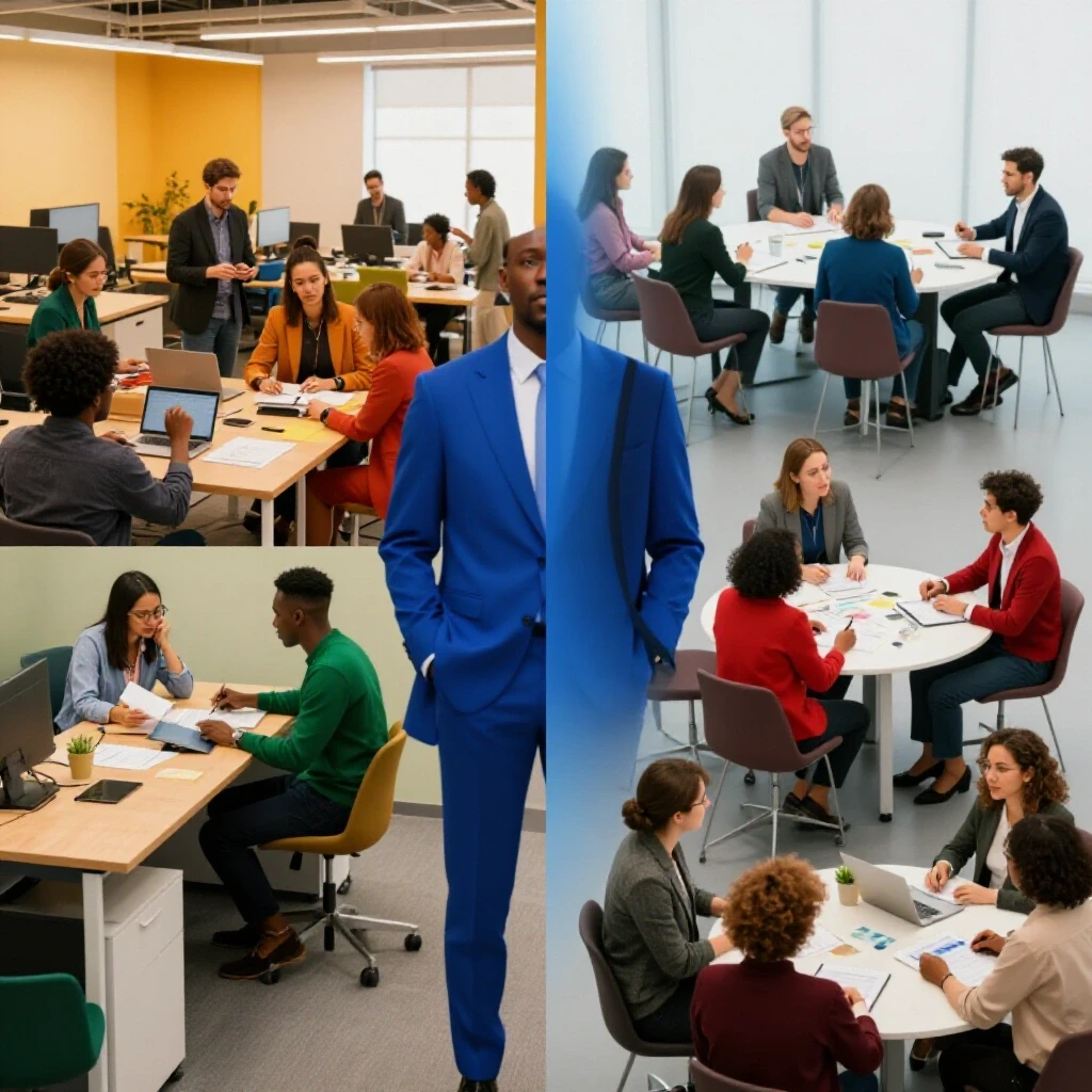 A split-image showing a vibrant in-house office setting contrasted with a dynamic agency environment, highlighting different social media marketing career paths.