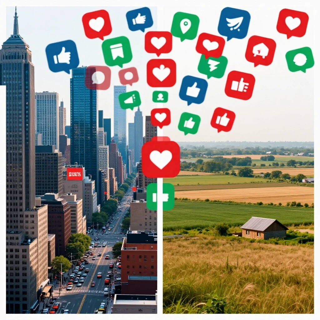 A vibrant cityscape and subdued rural landscape illustrating income disparity in Facebook activity with vivid social media icons.