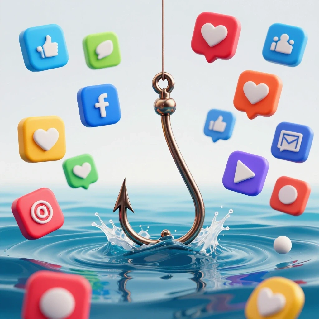 A vibrant social media feed with colorful icons jumping out of water, showcasing a fishing hook symbolizing engagement.