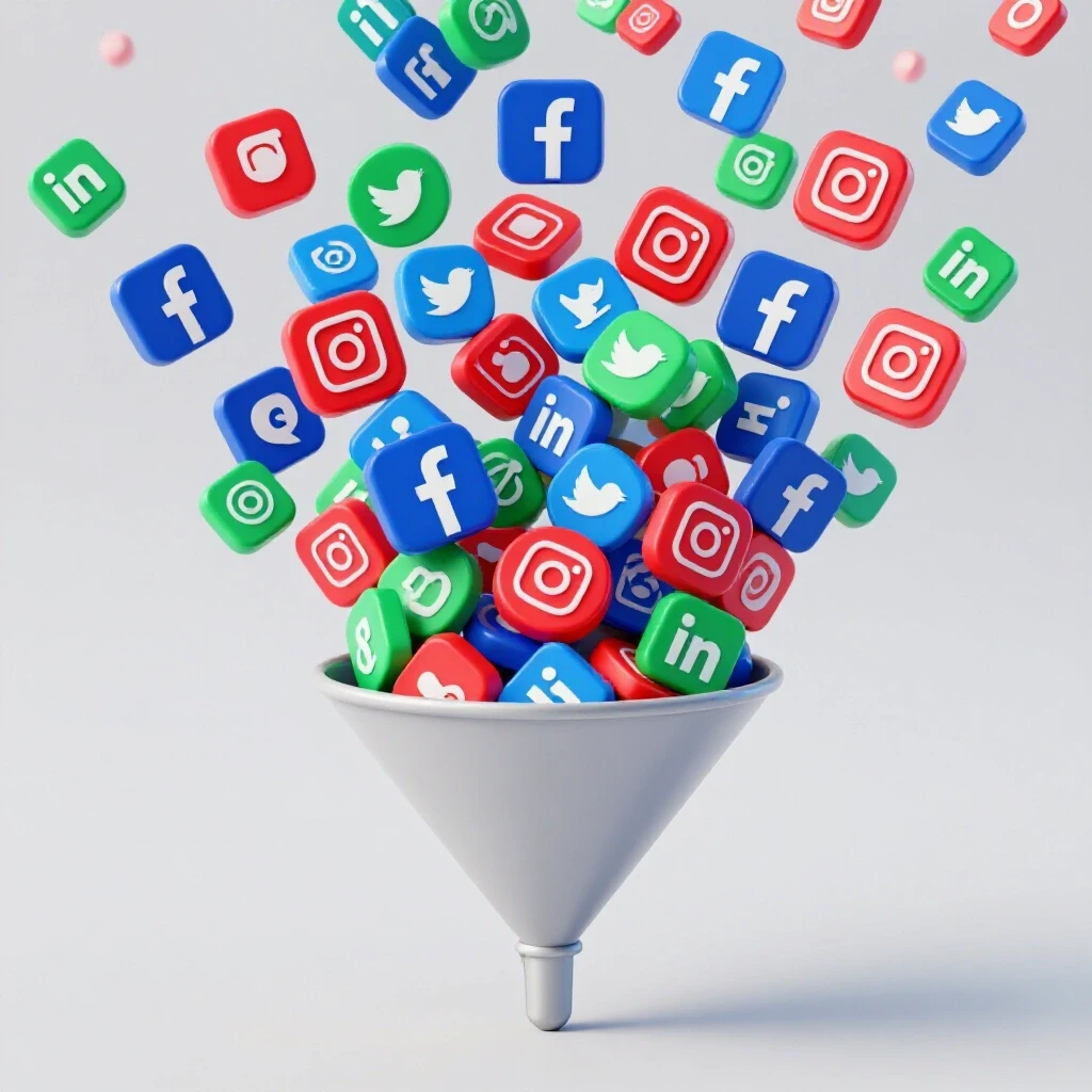 A colorful funnel pouring social media icons into an overflowing inbox, against a bright background.