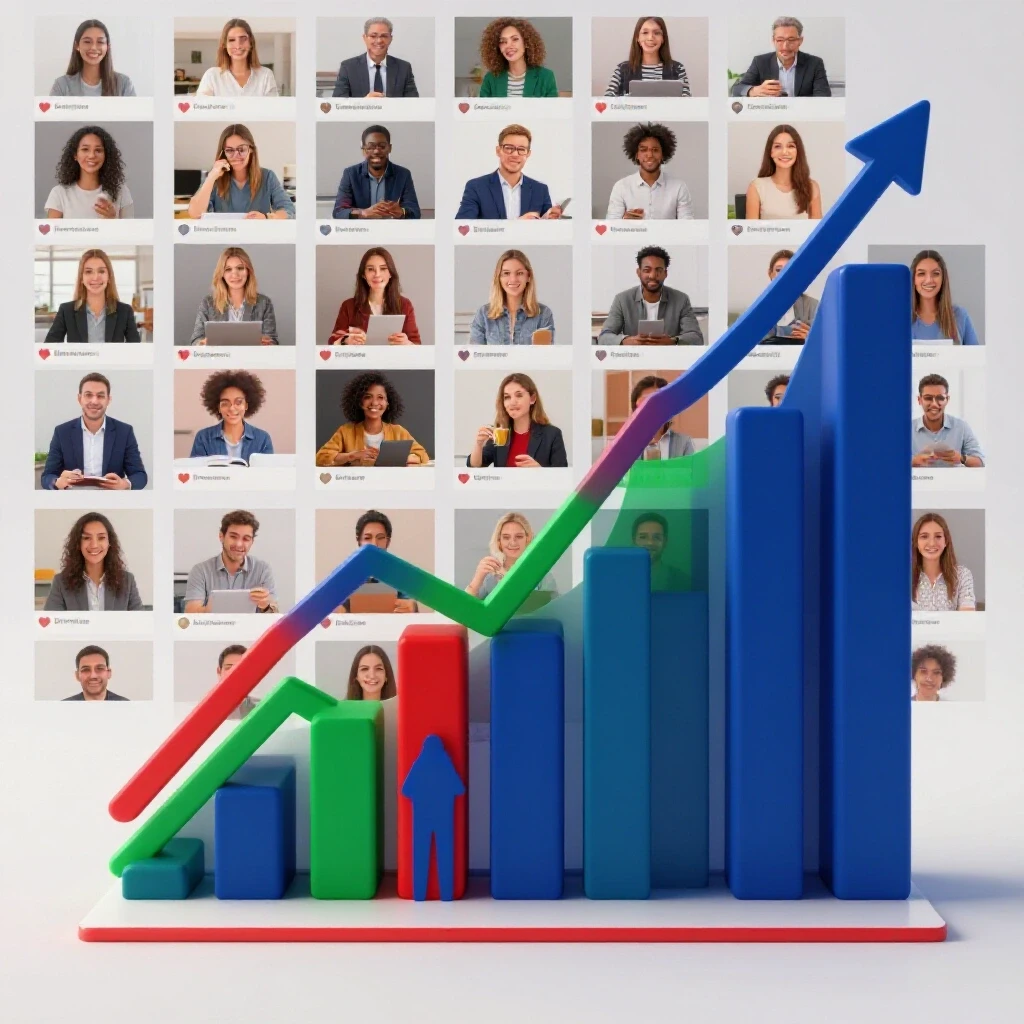3D image depicting an upward graph on a vibrant Instagram feed showcasing user engagement.